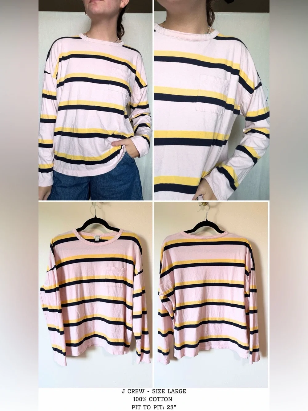 J Crew 100% cotton navy pink yellow long sleeve boxy shirt size large colorful